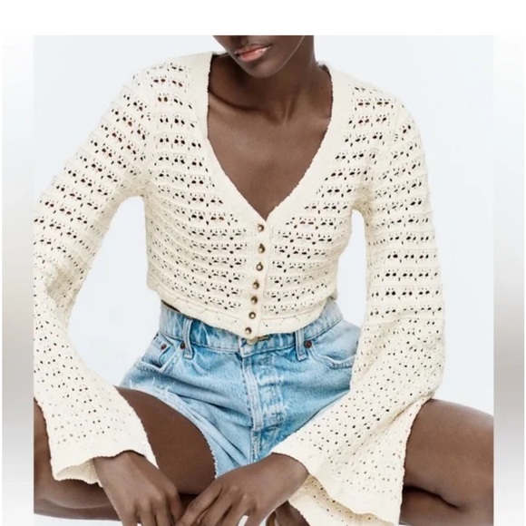 Zara Cream Open Knit Cropped Cardigan- S - Picture 3 of 14